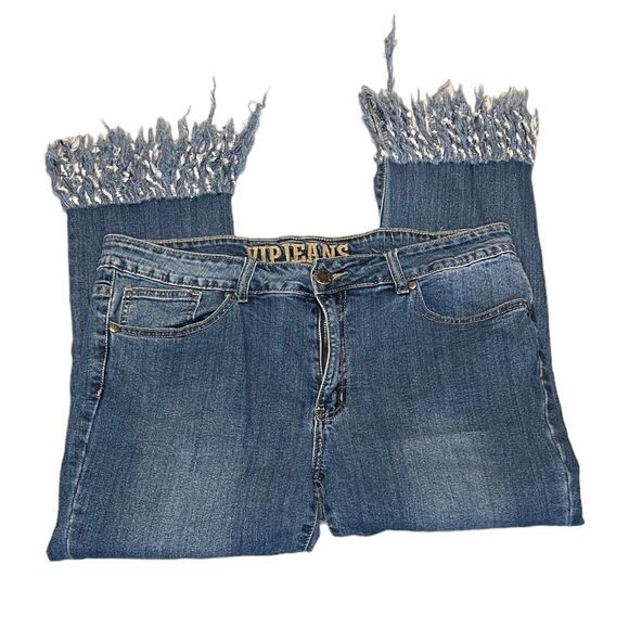 VIP Womens Jeans Straight Leg Stretch Raw Hem Festival Boho Medium Wash 15/16 - Picture 2 of 6